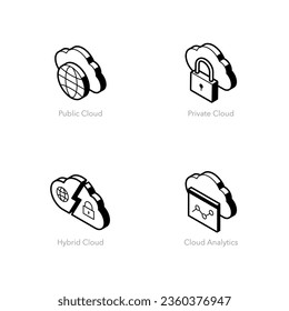 Simple set of cloud computing icons. Contains such symbols as Public, Private, Hybrid Cloud and Analytics.
