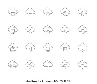 Simple set of Cloud computing vector line web icons. Contains such Icons as Data upload, Data synchronization, Cloud service and more. Editable Stroke. 48x48 Pixel Perfect.