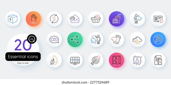 Simple set of Cloud sync, Prohibit food and Target line icons. Include Stars, Share, Send mail icons. Copyright, Dollar exchange, Hand web elements. Heart, Video conference, Puzzle. Vector
