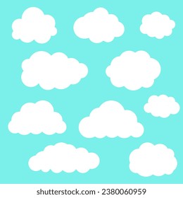 A simple set of clouds on a blue isolated background, vector illustration, white clouds in a minimalistic style, for background decoration, video, 10 eps