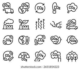 Simple Set of CO2 Related Vector Line Icons. Contains such Icons as Emission levels, Green Production, Earth and more