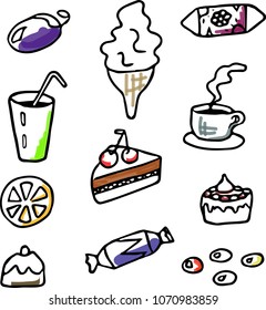 Simple Set coffee, drinks, dessert. Vector illustration of cake, candy and fruit.