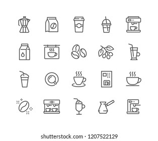 Простой набор кофе связанных векторных линий иконок. Содержит такие иконки, как Cezve, кофеварка машина, бобы и многое другое.
Редактируемый ход. 48x48 пикселей идеально.
