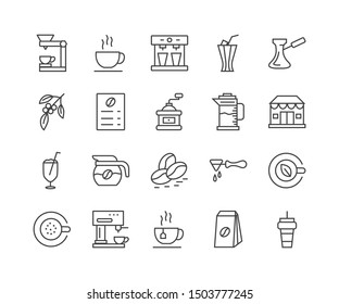 Simple Set of Coffee Related Vector Line Icons. Contains such Icons as Cezve, Coffee Maker Machine, Beans and more.