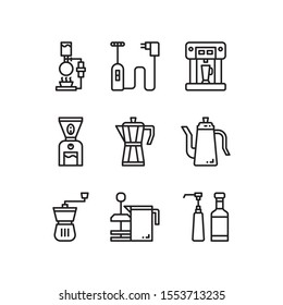 Simple Set of Coffee Shop Related Vector Line Icons. Contains such Icons as syphon, milk frother, instant coffee, coffee grinder, moka pot, jar, syrup.