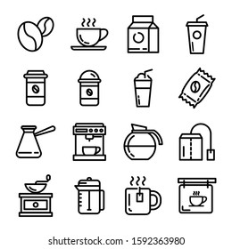 Simple Set of Coffee and Tea Related Vector Line Icons. Set of Cappuccino, Juice with ice and Latte coffee cup icons. Teapot, Coffeepot and Hot drink with Steam