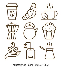 Simple Set de café y té Vector Relacionado Iconos de la línea negra sobre fondo blanco aislado.Vidrio de café, croissant, té, máquina de café geyser, hervidor, quequito, mano, café de grano, cafetera, bolso de té