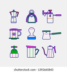 Simple Set of Coffee tool icons. Contains icons a mock pot,  coffee brewer, coffee machine, milk foamer, cezve, teapot and more. 