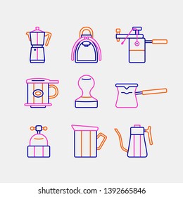 Simple Set of Coffee tool icons. Contains icons a mock pot,  coffee brewer, coffee machine, milk foamer, cezve, teapot and more. 