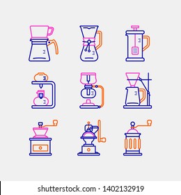 Simple Set of Coffee tool icons. Contains icons a coffee brewer, french presse, coffee grinder, hand dripper and more.