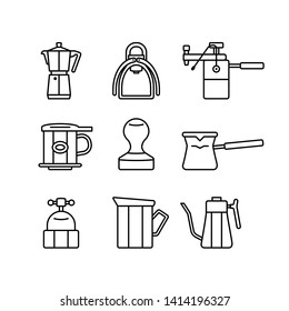 Simple Set of Coffee tool icons. Contains icons a coffee brewer, coffee machine, milk foamer, cezve, teapot and more. 