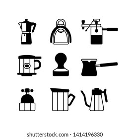 Simple Set of Coffee tool icons. Contains icons a coffee brewer, coffee machine, milk foamer, cezve, teapot and more. 