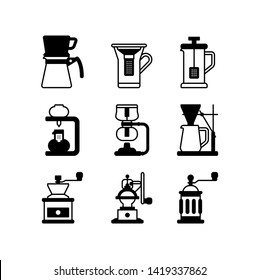 Simple Set of Coffee tool icons. Contains icons a coffee brewer, french presse, coffee grinder, hand dripper and more.