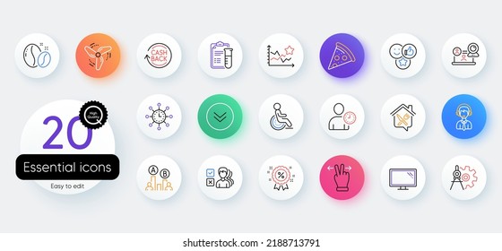 Simple set of Cogwheel dividers, Pizza and Scroll down line icons. Include Like, Food delivery, World time icons. Time management, Cashback, Ab testing web elements. Opinion, Disability. Vector