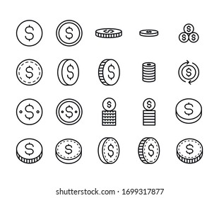 Simple set of coin icons in trendy line style. Modern vector symbols, isolated on a white background. Linear pictogram pack. Line icons collection for web apps and mobile concept.