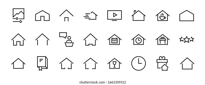 Conjunto simple de plantillas de icono de casa editables en color. Contiene tales iconos, calendario doméstico, cafetería y otros signos vectoriales aislados en un fondo blanco para diseño gráfico y web.
