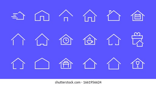  Conjunto simple de plantillas de icono de casa editables en color. Contiene tales iconos, calendario doméstico, cafetería y otros signos vectoriales aislados en un fondo blanco para diseño gráfico y web.