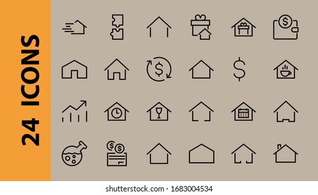 Conjunto simple de plantillas de icono de casa editables en color. Contiene tales iconos, calendario doméstico, cafetería y otros signos vectoriales aislados en un fondo blanco para diseño gráfico y web.