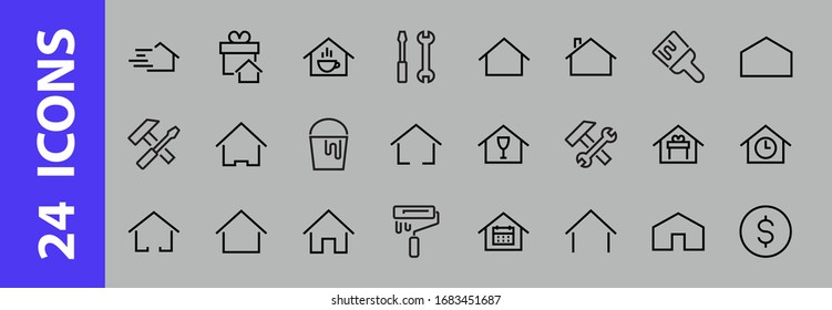 Simple set of color editable house icon templates. Contains such icons, home calendar, coffee shop and other vector signs isolated on a white background for graphic and web design.