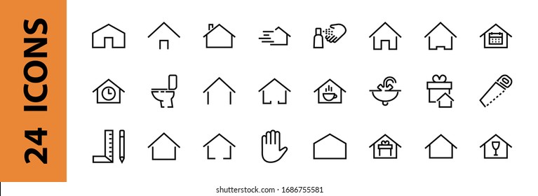 Conjunto simple de plantillas de icono de casa editables en color. Contiene tales iconos, calendario doméstico, cafetería y otros signos vectoriales aislados en un fondo blanco para diseño gráfico y web.