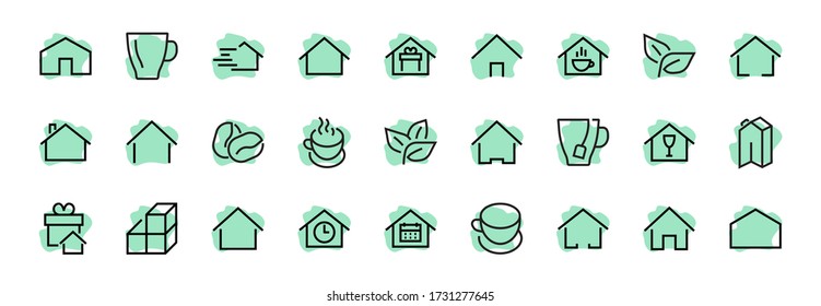 Simple set of color editable house icon templates. Contains such icons, home calendar, coffee shop and other vector signs isolated on a white background for graphic and web design.