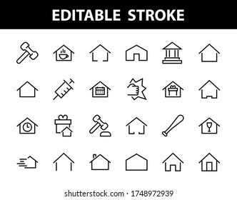 Conjunto simple de plantillas de icono de casa modificables en color. Contiene estos iconos, calendario del hogar, cafetería y otros signos vectoriales aislados en un fondo blanco para diseño gráfico y web.