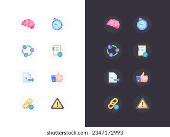 Simple set of colored icons of managment theme for dark and light backgrounds. Contains icons such as brainstorm, like, checklist, algorithm and so on. Icons for your application