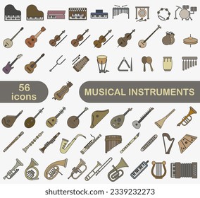 A simple set of colored musical instruments with a stroke. Images of various musical instruments. EPS 10.