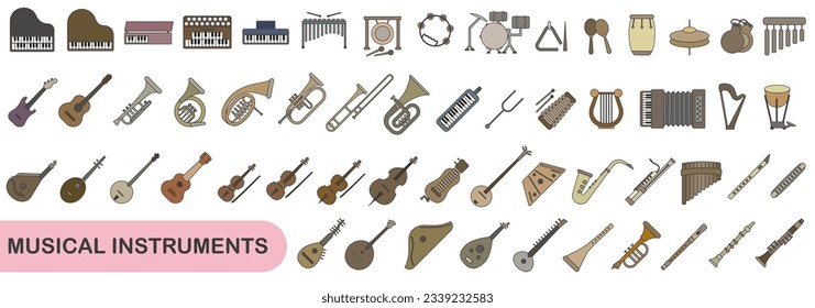 A simple set of colored musical instruments with a stroke. Images of various musical instruments. EPS 10.