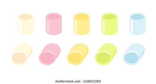 A simple set of colorful marshmallow. White, pink, yellow, blue, green marshmallows. Marshmellow in 2 projections. Design elements for desserts. 