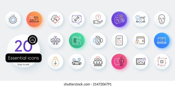 Simple set of Comments, Online help and Online question line icons. Include Bitcoin pay, Parking security, Gear icons. Search employee, Face biometrics, Discounts chat web elements. Vector