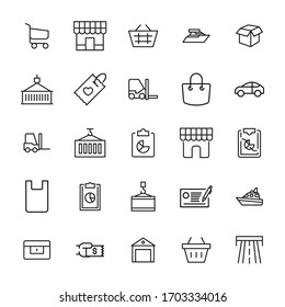 Einfache Sammlung von Kommerz-Symbolen im trendigen Linienstil. Moderne Vektorillustration-Symbole einzeln auf weißem Hintergrund. Lineare Piktogrammpackung. Kollektion von Line-Icons für Web-Apps und mobiles Konzept.