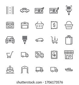 Einfache Sammlung von Kommerz-Symbolen im trendigen Linienstil. Moderne Vektorillustration-Symbole einzeln auf weißem Hintergrund. Lineare Piktogrammpackung. Kollektion von Line-Icons für Web-Apps und mobiles Konzept.