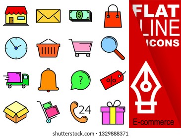 Simple Set of Commerce vector flat line color Icons - shop, envelope, money, shopping bag, clock, basket, magnifying glass, transportation, bell, question, discount, box, cart, promotion, gift