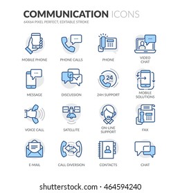 Simple Set of Communication Related Color Vector Line Icons. 
Contains such Icons as Phone Calls, Video Chat, On-line Support and more. 
Editable Stroke. 64x64 Pixel Perfect. 