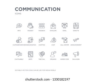 simple set of communication vector line icons. contains such icons as bullhorn, morse code, speaking, time call, write, chat bubble, announcement, call center, chat and more. editable pixel perfect.