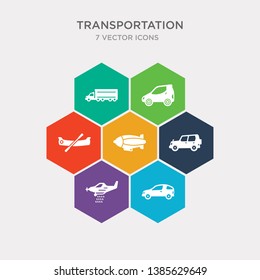 simple set of compact car, crop duster, cruiser, dirigible icons, contains such as icons dugout canoe, eco-friendly transport, eighteen-wheeler and more. 64x64 pixel perfect. infographics vector