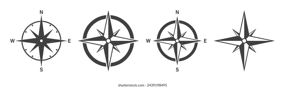 Simple set of compass icons. Set of compass symbols on white isolate.