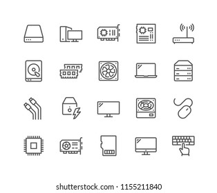 Simple Set of Computer Components Related Vector Line Icons. Contains such Icons as CPU, RAM, Power Adapter, Cables and more. Editable Stroke. 48x48 Pixel Perfect.