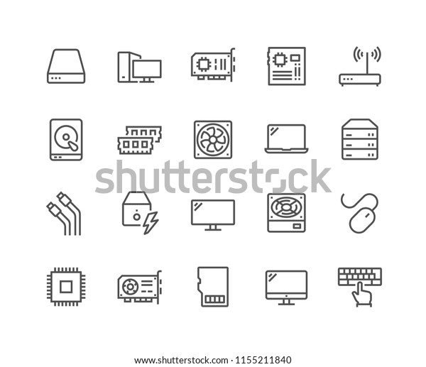 Simple Set of Computer Components\
Related Vector Line Icons. Contains such Icons as CPU, RAM, Power\
Adapter, Cables and more. Editable Stroke. 48x48 Pixel\
Perfect.