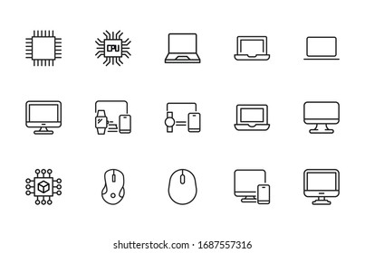 Simple set of computer icons in trendy line style. Modern vector symbols, isolated on a white background. Linear pictogram pack. Line icons collection for web apps and mobile concept.