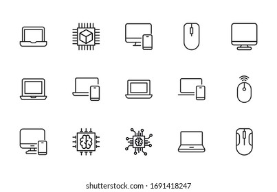 Simple set of computer icons in trendy line style. Modern vector symbols, isolated on a white background. Linear pictogram pack. Line icons collection for web apps and mobile concept.