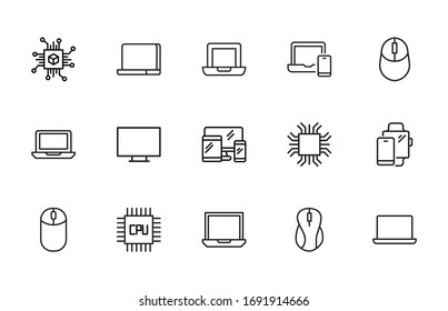 Simple set of computer icons in trendy line style. Modern vector symbols, isolated on a white background. Linear pictogram pack. Line icons collection for web apps and mobile concept.