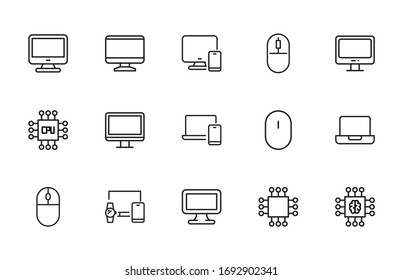 Conjunto simple de iconos de equipo en estilo de línea de moda. Símbolos vectoriales modernos, aislados en un fondo blanco. Envase para pictogramas lineales. Colección de iconos de línea para aplicaciones web y concepto móvil.