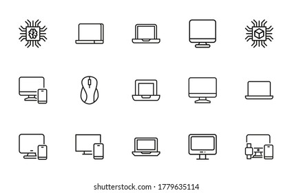 Simple set of computer icons in trendy line style. Modern vector symbols, isolated on a white background. Linear pictogram pack. Line icons collection for web apps and mobile concept.