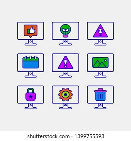 Simple Set of Computer Monitor icons. Contains icons as sns, bulb, calendar, photography, lock, setting, trash can and more.