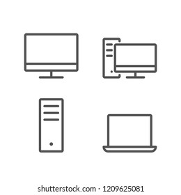 Simple set of computer outline icons: pc monitor, system unit (case), laptop. Editable Stroke. Pixel Perfect. Line vector illustration. Eps10.