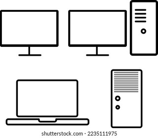 Simple set of computer outline icons pc monitor, system , laptop. Editable Stroke on white background..eps