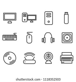 simple set of computer related vector line icons  .  Contains such Icons as computer, cpu, flashdisk ,printer and more. Editable Stroke.