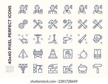 Simple set of Construction icon set. Contains such Icons as Builders, Building tools, Building signage, Building work. Editable stroke